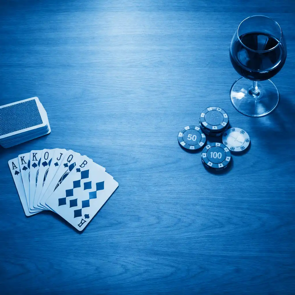 Top-down view of a card lounge table with playing cards, poker chips, and a glass of wine