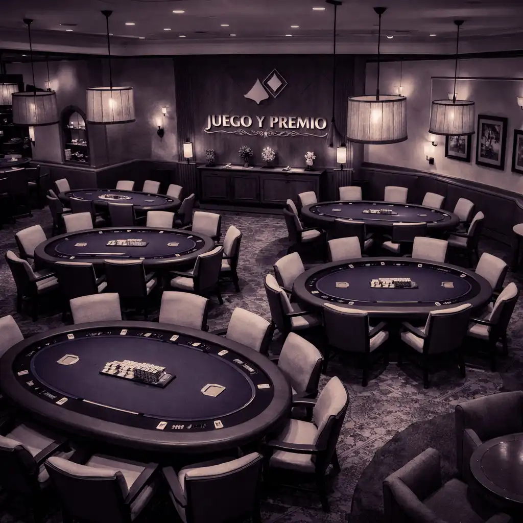 Wide-angle top-down view of the card lounge interior with multiple poker tables and warm lighting