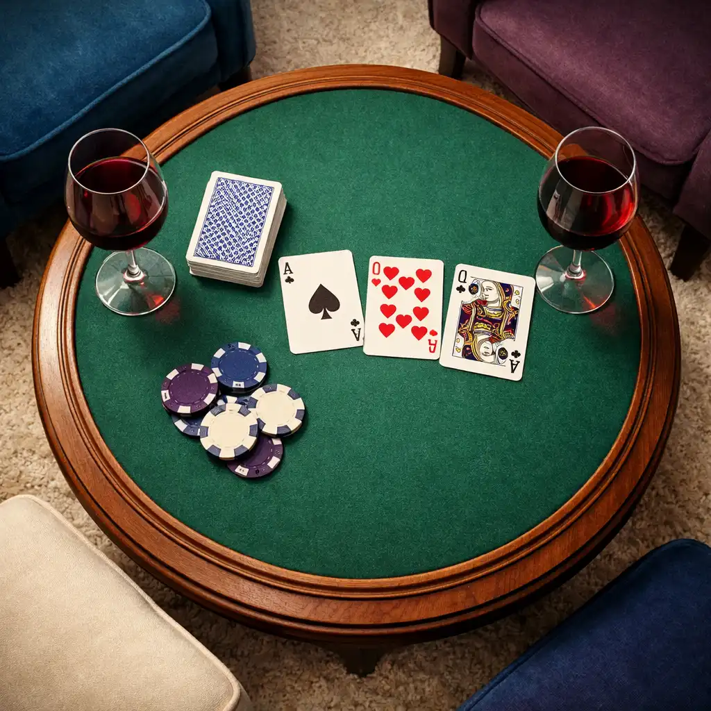 Top-down view of a card lounge table with playing cards, poker chips, and wine glasses
