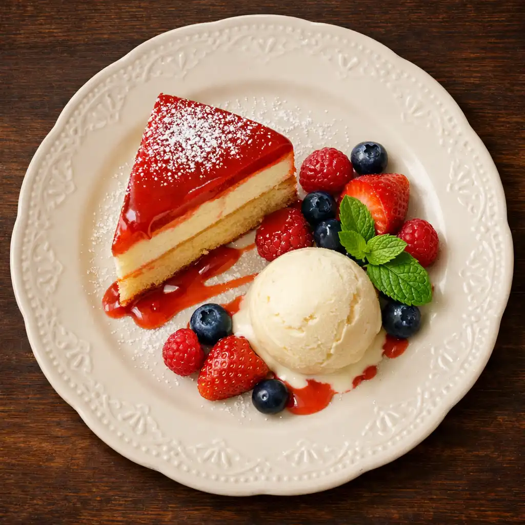Overhead view of a dessert plate with layered cake, ice cream, fresh berries, and mint