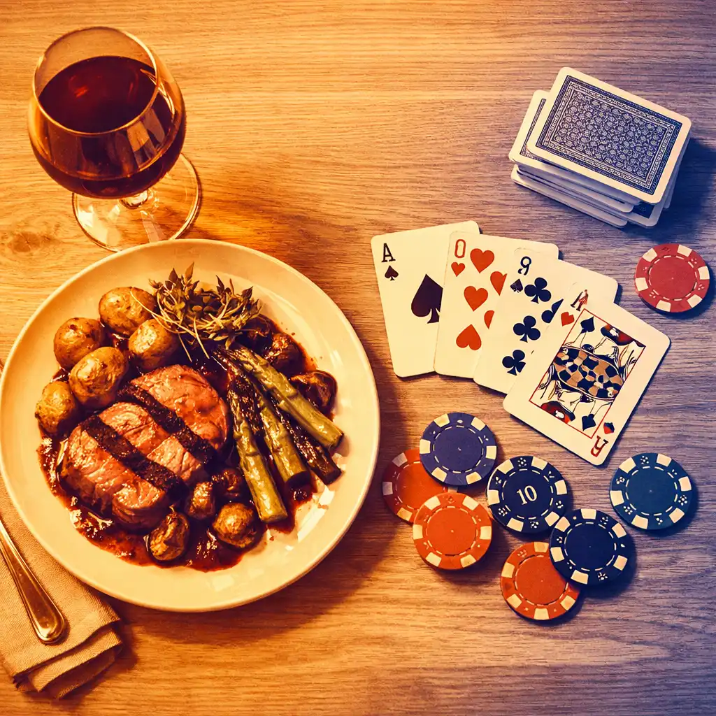 Top-down view of a table with a gourmet meal, a deck of cards, and a glass of wine