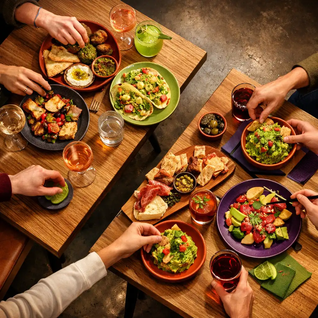 Overhead view of a lively dining room with guests reaching toward shared plates on wooden tables