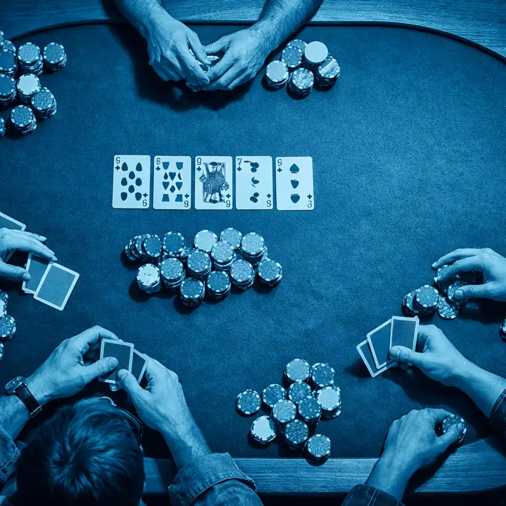Top-down view of four people playing live poker at a wooden table with cards and chips