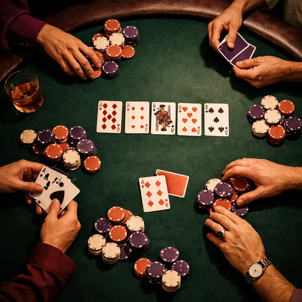 Top-down view of a live poker game with hands, cards, and chips around a physical table