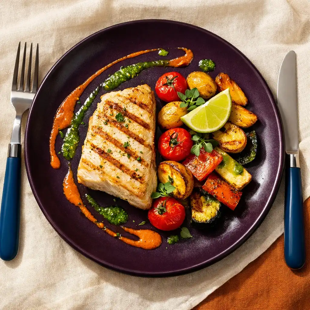 Overhead view of a main course plate with grilled fish, roasted vegetables, and a drizzle of sauce