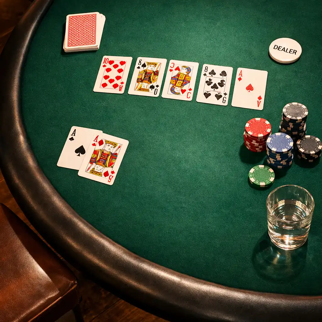 Top-down view of a poker table with cards, chips, and a glass of water at Juego y Premio
