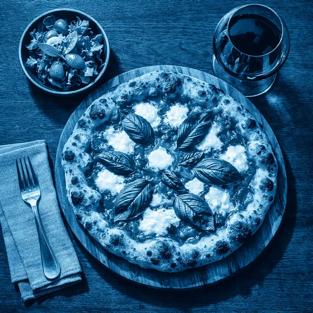 Top-down view of a wood-fired pizza on a wooden board with a glass of wine and salad