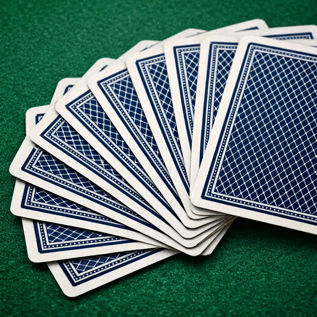 Close-up of playing cards on the felt of a poker table