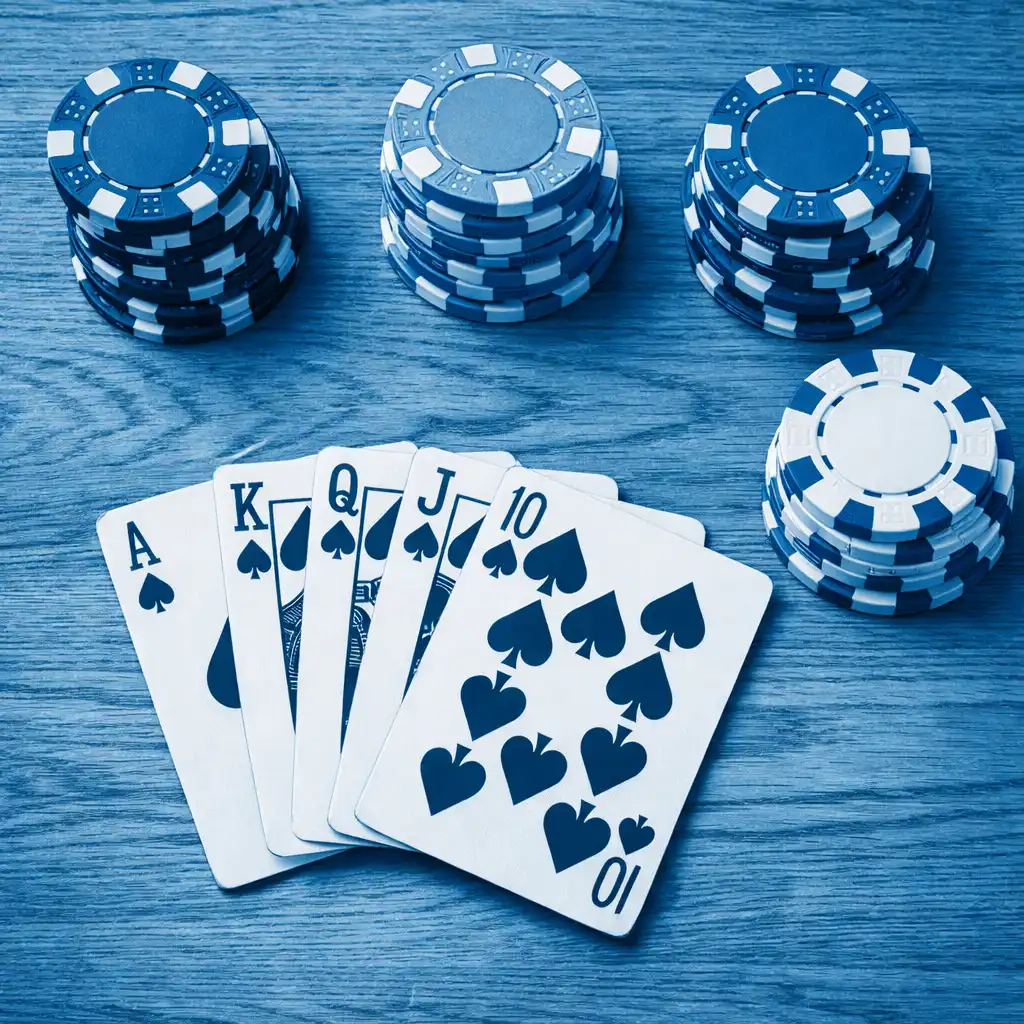 Top-down view of poker chips and playing cards arranged on a wooden table