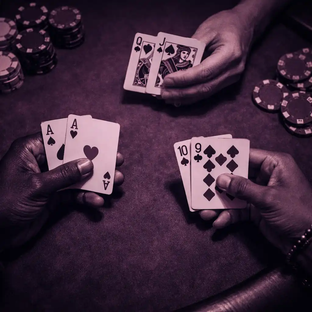 Close-up of hands holding playing cards over a poker table with chips