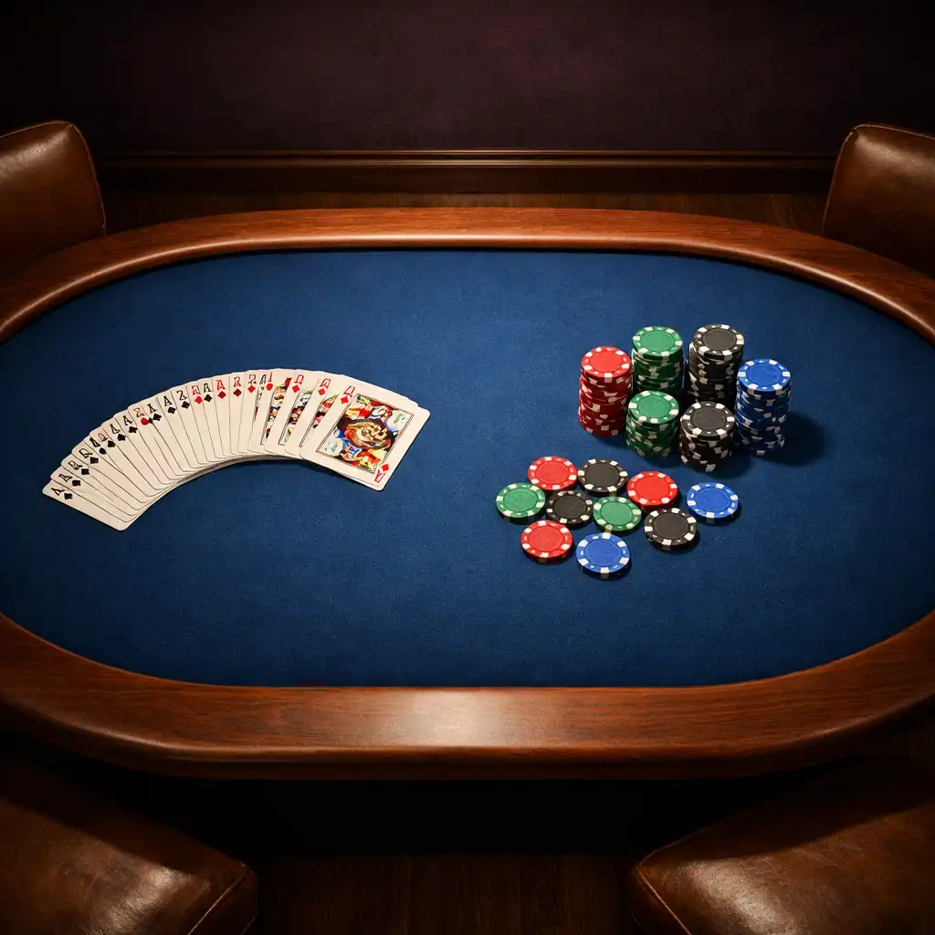 Top-down view of a poker table with fanned cards and clay chips in the poker room