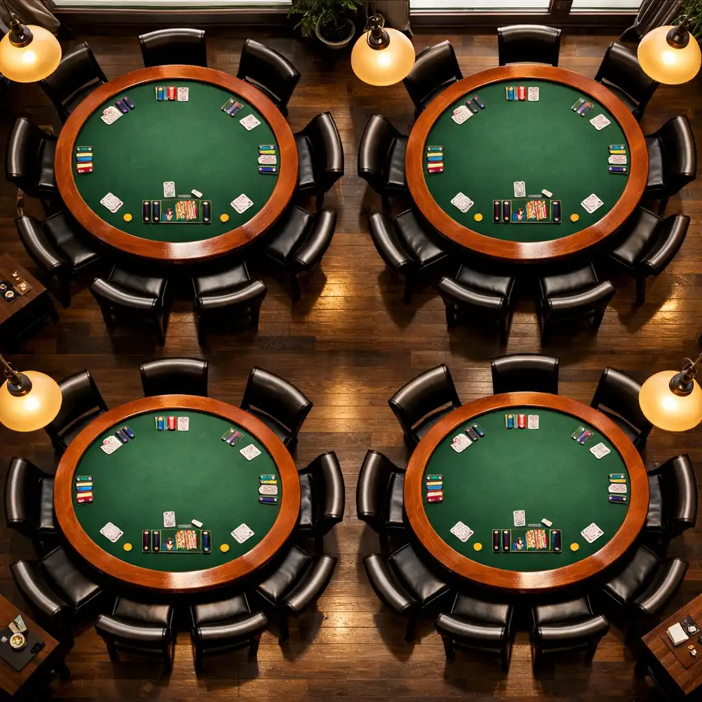 Overhead view of the dedicated poker room with several round tables and chairs