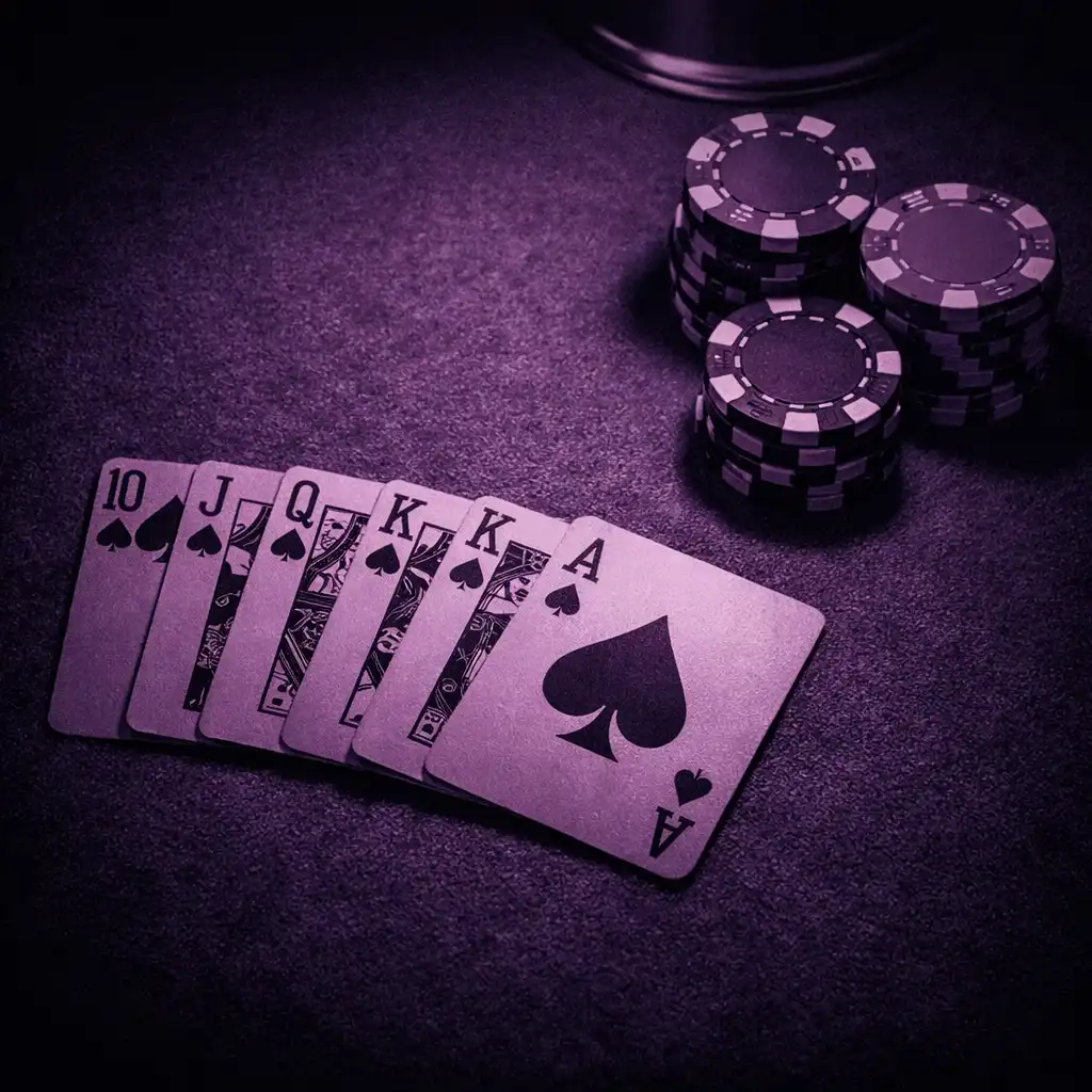 Close-up overhead view of a poker table with playing cards and clay chips