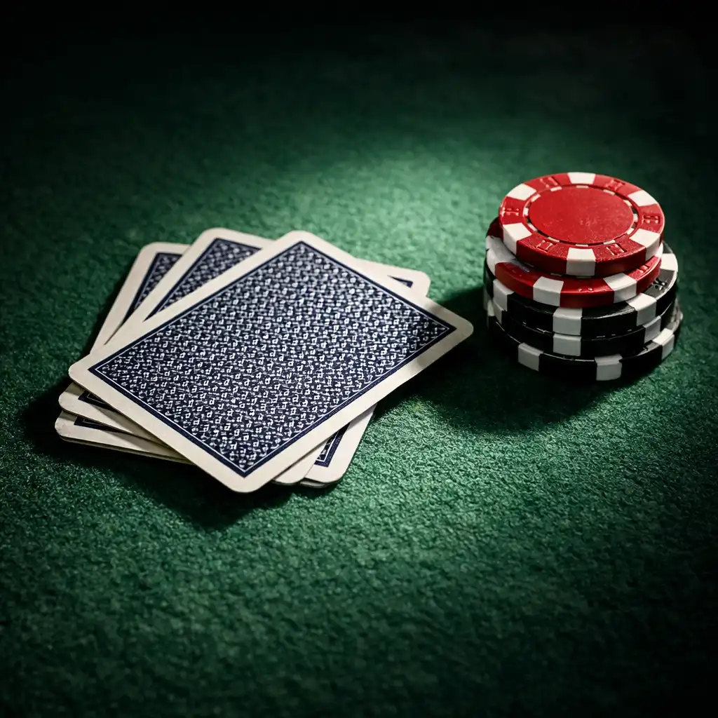 Close-up top-down view of a poker table surface with cards and chips