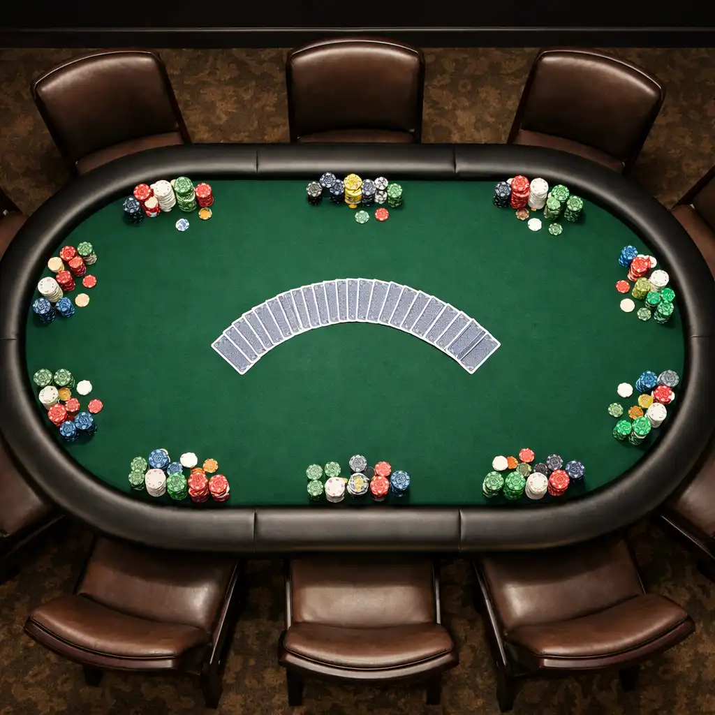 Top-down view of a full poker table with chairs and cards