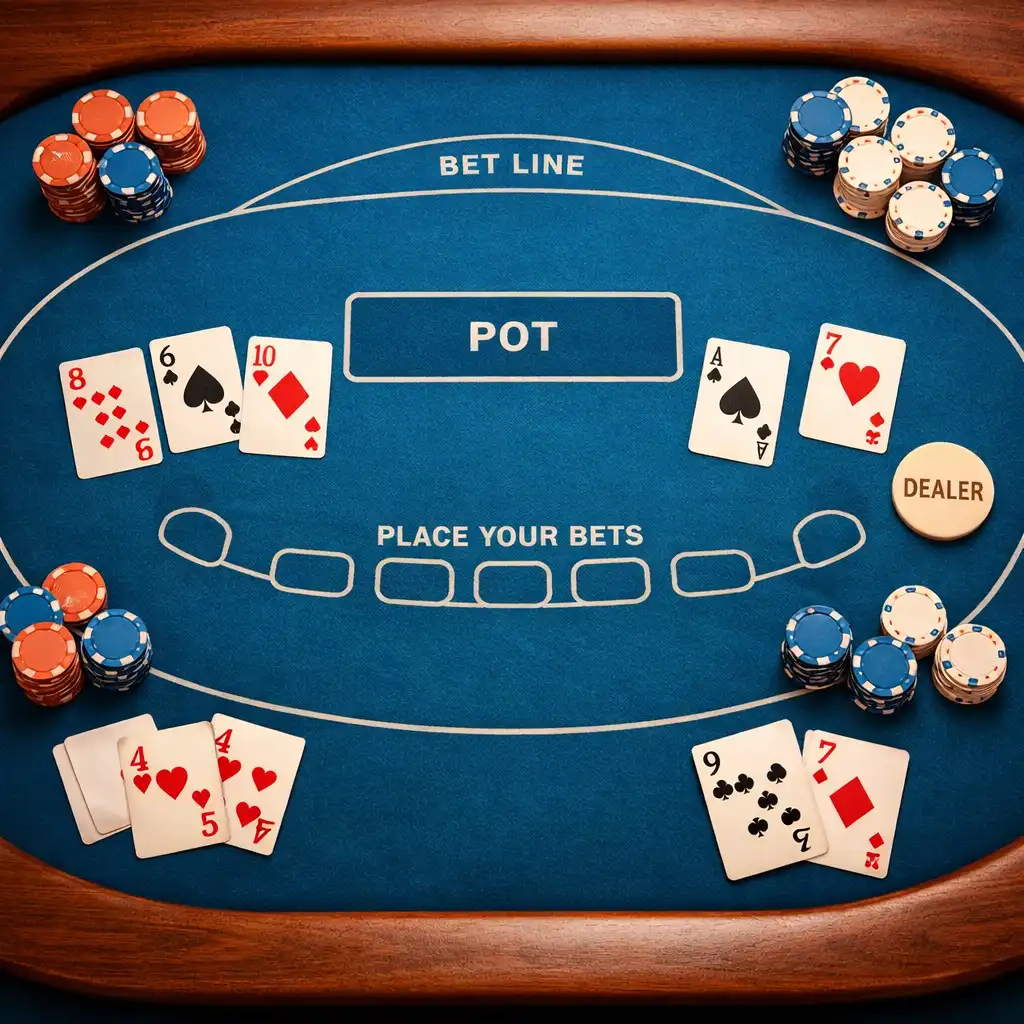 Top-down view of a professional poker table with felt surface, cards, and poker chips