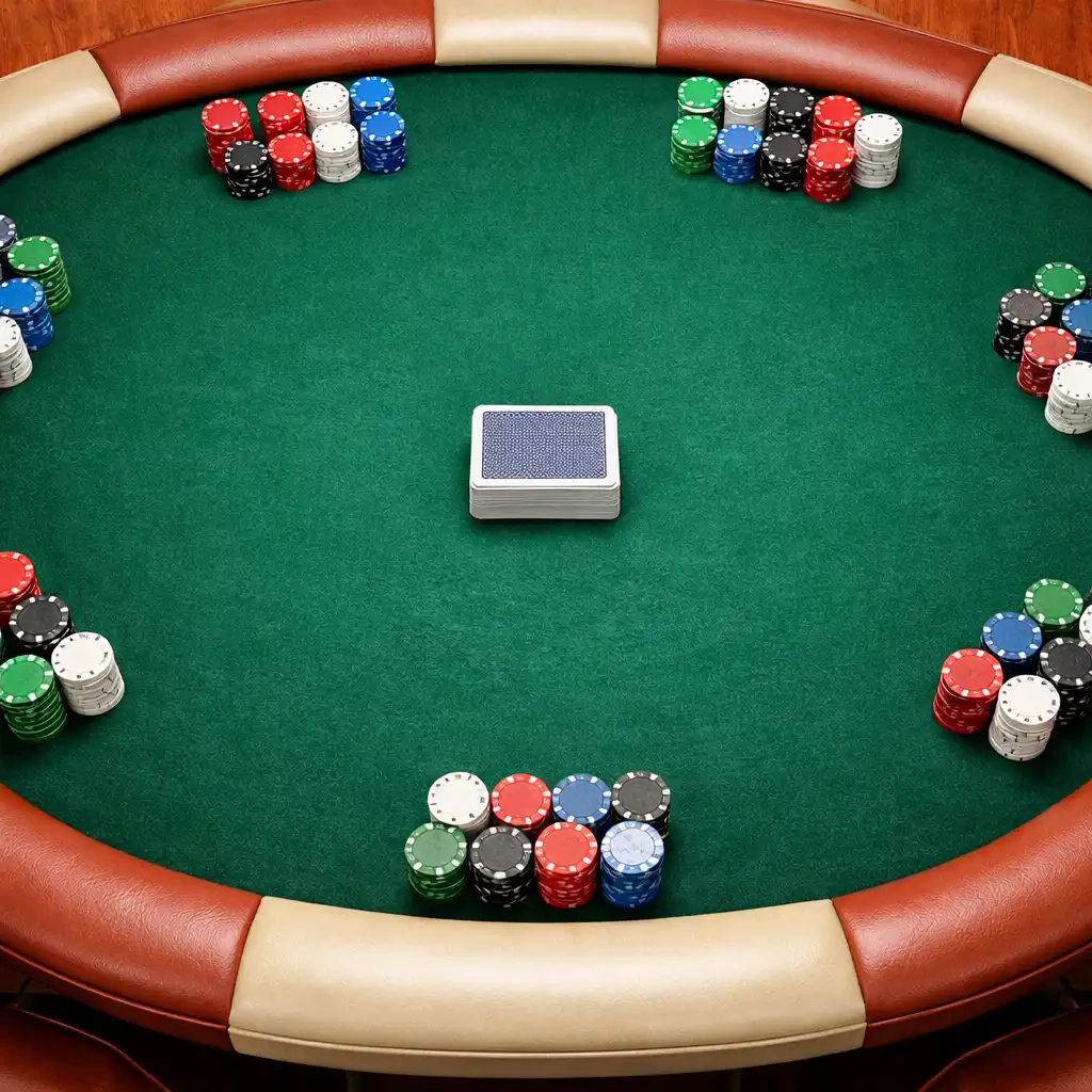 Top-down view of a green felt poker table with a deck of cards and neatly stacked chips