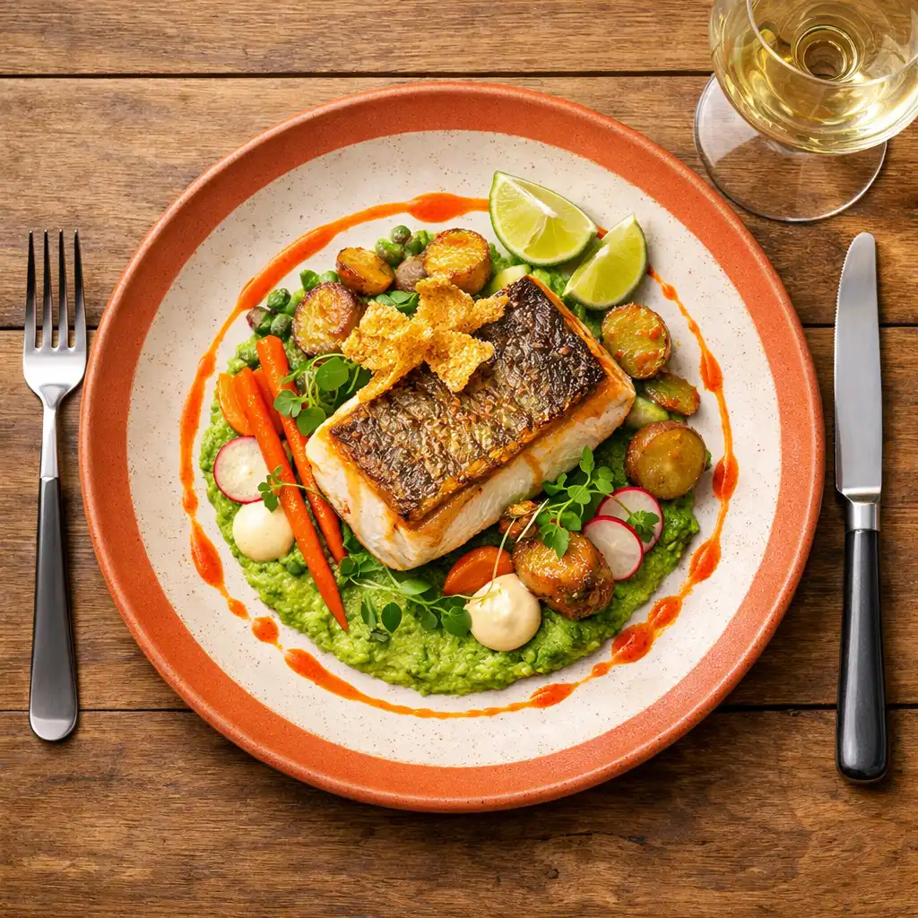 Top-down view of a beautifully plated dish on a wooden table with cutlery and a glass of wine
