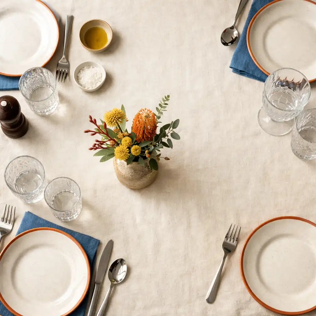 Top-down view of a beautifully set dining table with terracotta-rimmed plates, polished cutlery, and crystal glasses