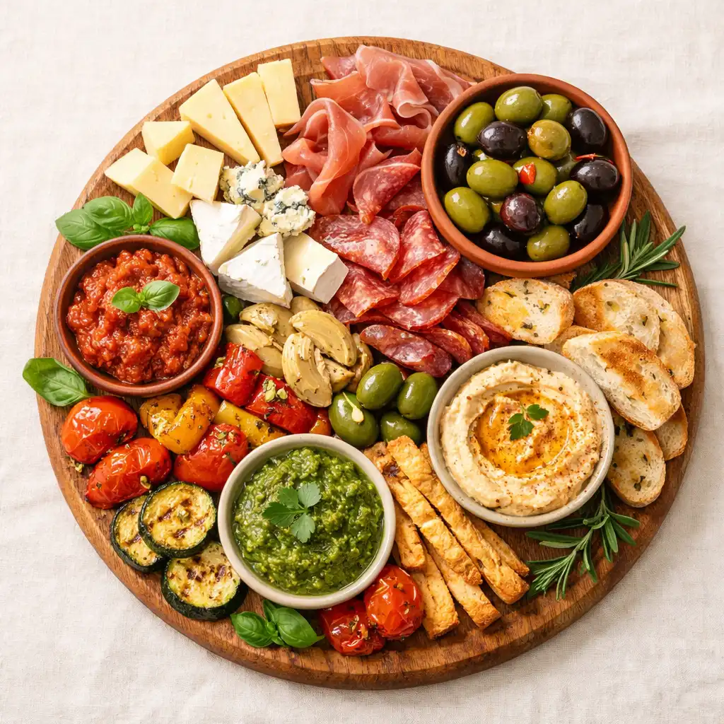 Overhead view of a shared starter platter with cheeses, cured meats, olives, roasted vegetables, and dips